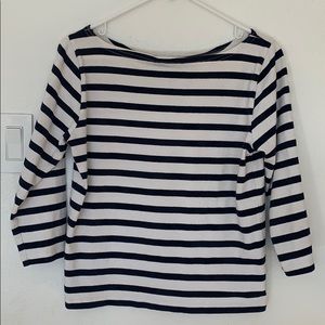 Boatneck navy and white striped cotton shirt.